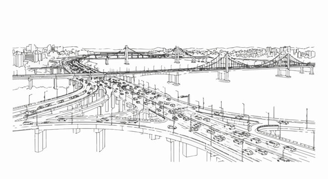 A busy highway interchange with a suspension bridge and cityscape in the background