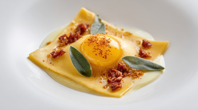 transparent liquid egg yolk raviolo with brown butter sauce