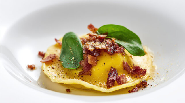 transparent liquid egg yolk raviolo with brown butter sauce
