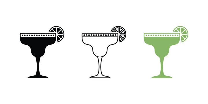 Margarita glass icons cocktail silhouettes with salt rim and lime slice flat monochrome outline and full color simple vector illustration isolated
