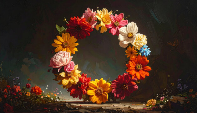 Colorful floral wreath on dark background