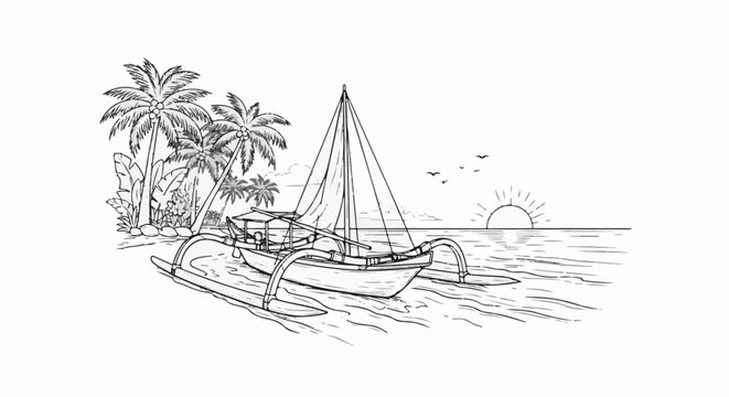 Tropical beach scene with outrigger canoe and sunset