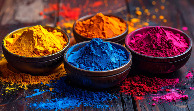 Colorful powder bowls on wooden surface