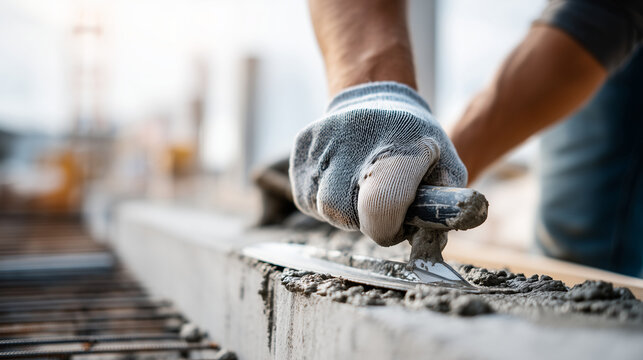 Faceless hands in grey nitrile gloves using a small metal trowel to smooth the edges of a concrete slab, representing detailed finishing work, close-up on hand movement and wet cem