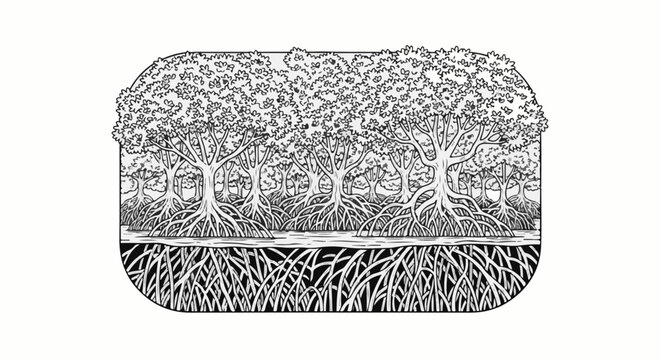 Detailed drawing of mangrove roots and canopy in black and white