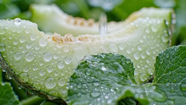 Water Dripping on Fresh Sliced Cantaloupe Melon with Green Leaves and Droplets