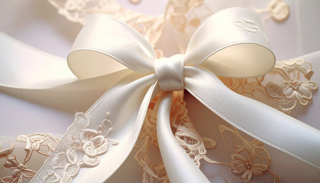 Elegant white ribbon bow on delicate lace