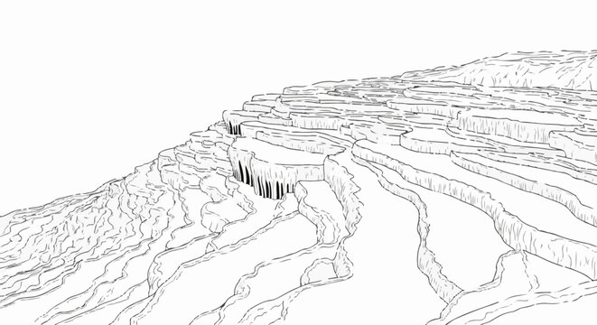 Hand-drawn sketch of terraced mineral deposits on a hillside