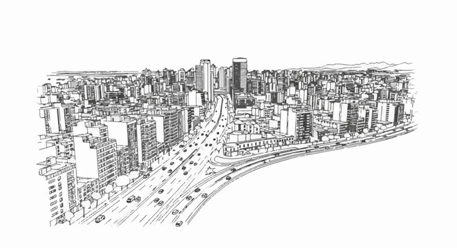 High-angle sketch of a bustling city with a multi-lane highway