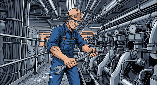 Male worker in hard hat and overalls repairs engine with wrench