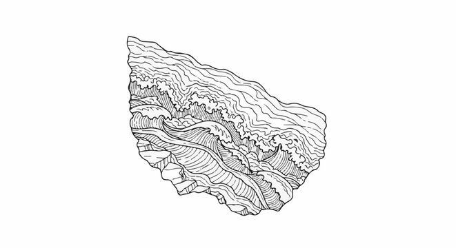 Stylized black and white line drawing of turbulent ocean waves
