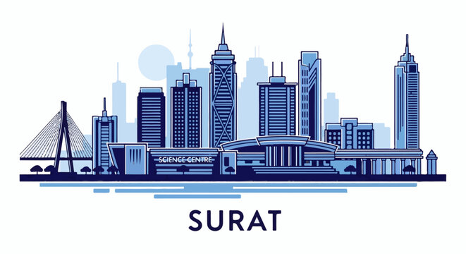 Modern blue city skyline with bridge, skyscrapers, and science center