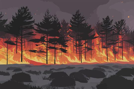 Forest Fire Illustration with Burning Trees and Grass