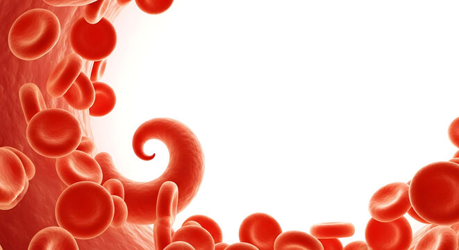 A medical illustration of red blood cells flowing through a blood vessel