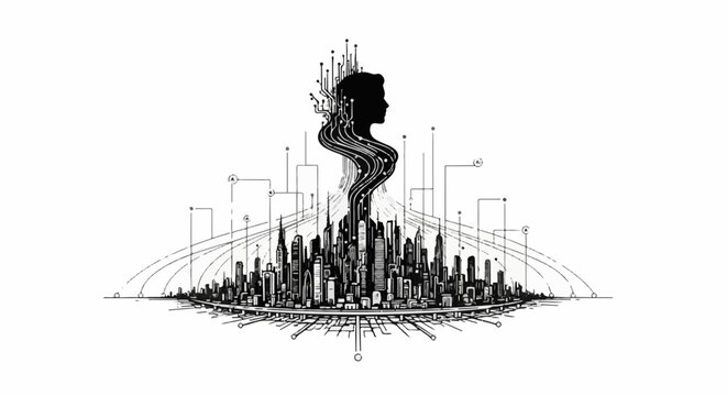 Stylized city skyline with a digital head connection