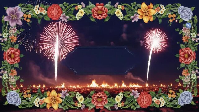 Fireworks display over fire during Dussehra celebration. Floral border framing festive night sky with bright pyrotechnics and burning background as Indian holiday.