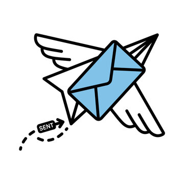 Flying Blue Envelope with Wings and "Sent" Trail Illustration - Concept for Sent Email and Swift Communication