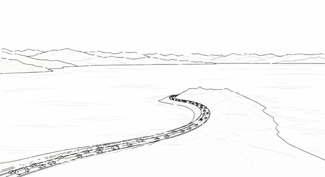 Sketch of a winding road leading through a vast, calm body of water towards distant mountains