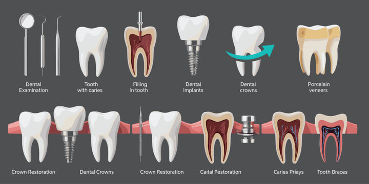 Dental illustration depicting various tooth conditions and restorative procedures including implants and crowns high quality professional detailed modern elegant stylish clean crisp vibrant