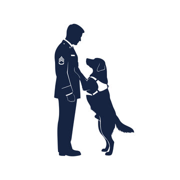 Silhouette of a military man and his loyal dog standing together