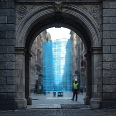 Fototapeta premium Ancient Stone Archway with Holographic Digital Twin Construction