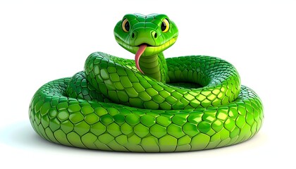 Fototapeta premium Cartoon Green Snake Coiled and Sticking Out Tongue on White Background.