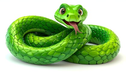 Fototapeta premium Cartoon Green Snake with Tongue Out on White Background.