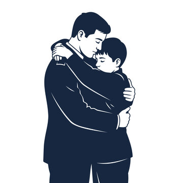 A dark blue illustration of a man hugging a little boy