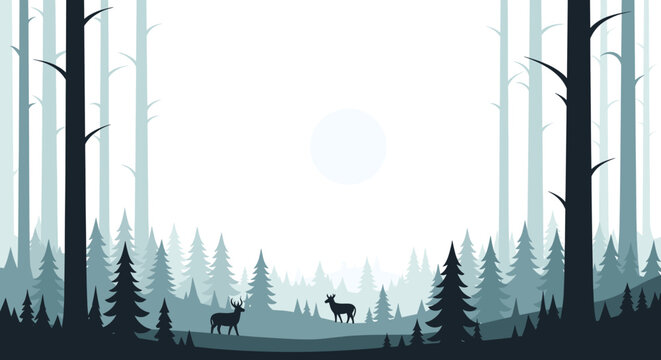 Minimalist forest landscape with two deer silhouetted against a bright, hazy sun and a dense evergreen forest.