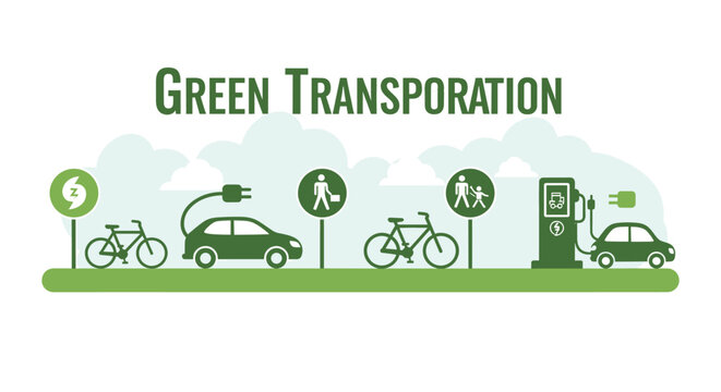 An illustration showcasing various modes of green transportation, including bicycles, electric cars, and pedestrian paths, emphasizing sustainable mobility and environmental benefits.
