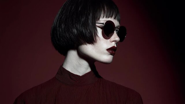 Woman with black bob haircut posing in round sunglasses and red turtleneck. Close-up fashion portrait sequence showing subtle angle changes against dark red background