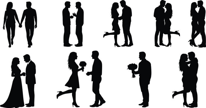 Romantic couple silhouettes collection, love proposal and embrace poses, wedding relationship moments, black vector illustration isolated on gray background
