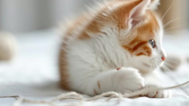 Potret anak kucing domestik berbulu oranye jahe yang imut-imut dan menggemaskan sedang tidur terpencil di atas bed putih setelah lelah bermain cat and mouse di lantai