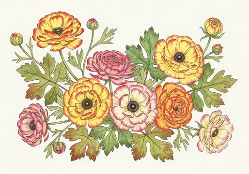 Colorful Floral Arrangement with Ranunculus Flowers and Green Leaves on a Light Background