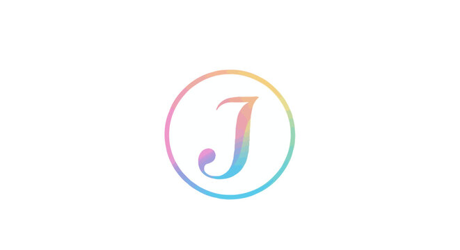 Elegant colorful letter J inside a circle with pastel watercolor gradient on a white background