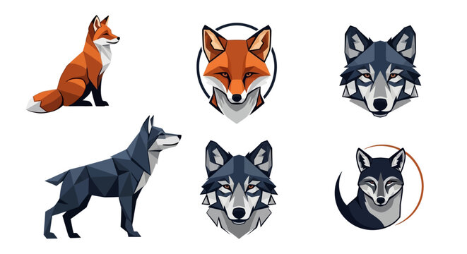 Set of geometric fox and wolf illustrations in low poly style for logos and icons