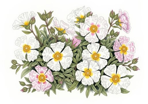 Vibrant Floral Arrangement with White and Pink Flowers Featuring Green Leaves and Buds