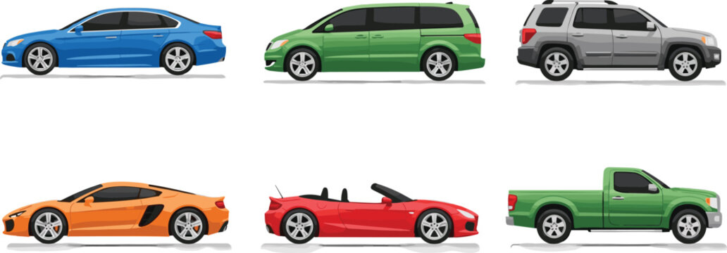 Car collection vector set, sedan, minivan, SUV, pickup and sports cars, colorful vehicle side view illustrations, transportation icons isolated on white