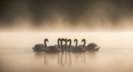 Fototapeta premium A serene flock of elegant swans swimming together in misty morning waters