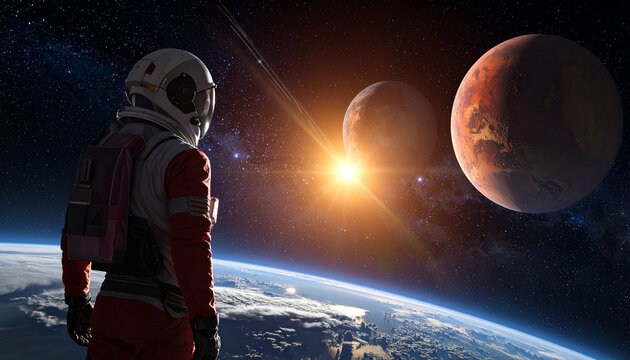 Astronaut gazing at distant planets in deep space.