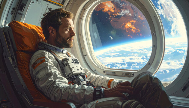 Astronaut gazing at Earth from space station window.