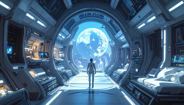 Astronaut Standing in Futuristic Spaceship Looking at Earth.
