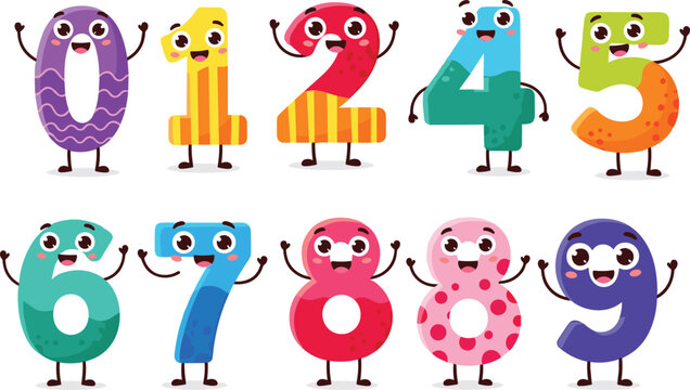 Colorful collection of cute cartoon number characters from zero to nine with happy faces and hands for children education and school mathematical designs.