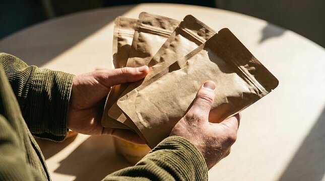 Mockup set of four kraft paper pouch bags held in fan shape