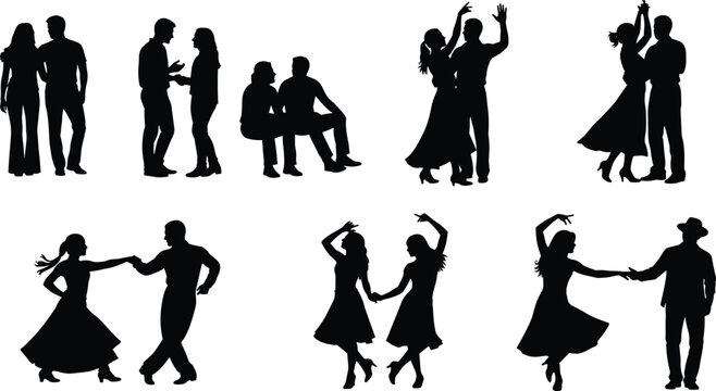 Dance couple silhouettes collection, ballroom romance and social interaction, elegant partner poses, black vector illustration isolated on gray background