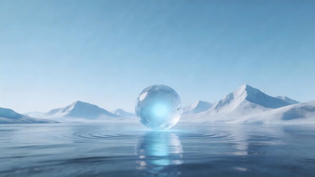 Ice sphere in calm water with snowy mountains