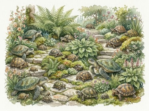 Serenity in a Garden: Delightful Turtles Explore a Lush Botanical Paradise