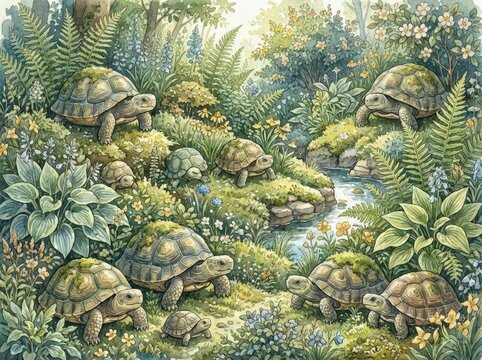 Peaceful Turtles in Lush Greenery Beside a Glistening Stream Surrounded by Vibrant Flora