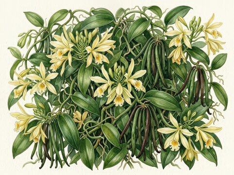 Detailed Illustration of Vanilla Orchid Plant with Green Leaves and Cream Flowers in Natural Setting
