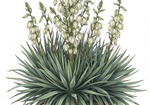 Detailed Illustration of a Flowering Plant with Green Leaves and White Blossoms